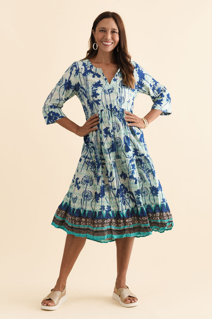 Milana Cobalt Dandelion Crinkle Cotton Dress,Brunette model,alt text|model:Cara