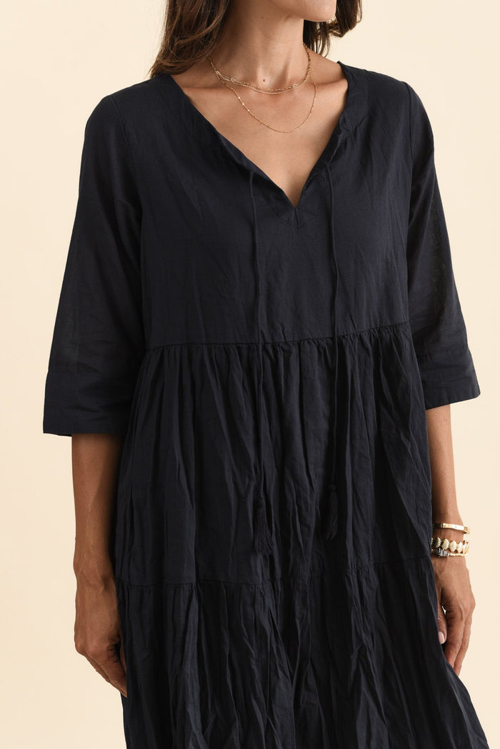 Milana Navy Crinkle Cotton Dress,Brunette model,alt text|model:Cara