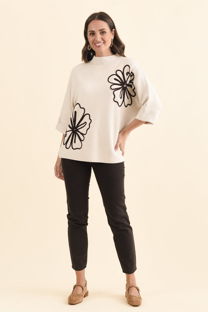 Mimosa Beige Flower Knit Jumper,Brunette model,alt text|model:MJ