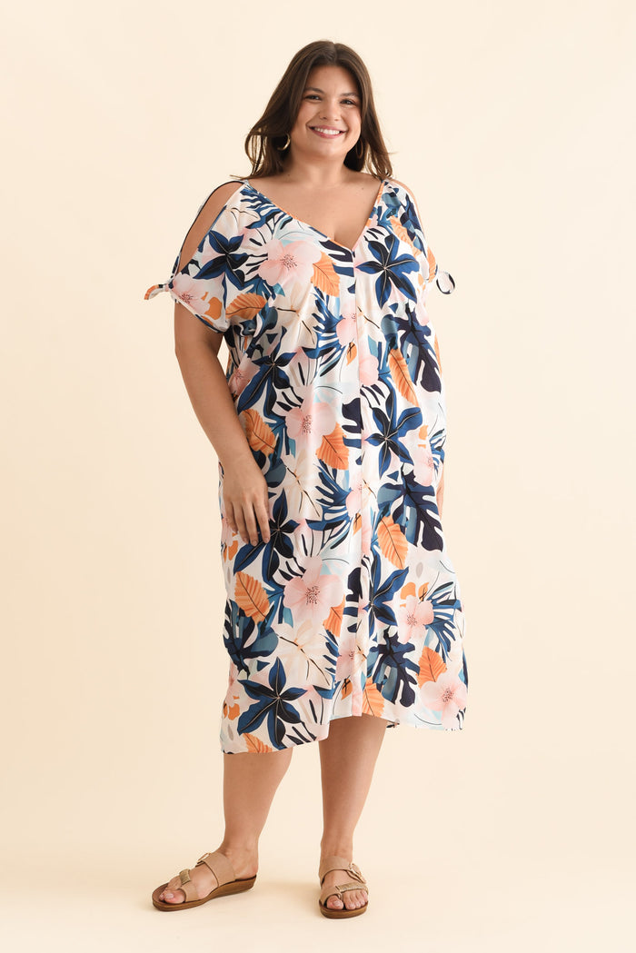 Miranda Navy Garden Cold Shoulder Kaftan,Brunette model,alt text|model:Gabby