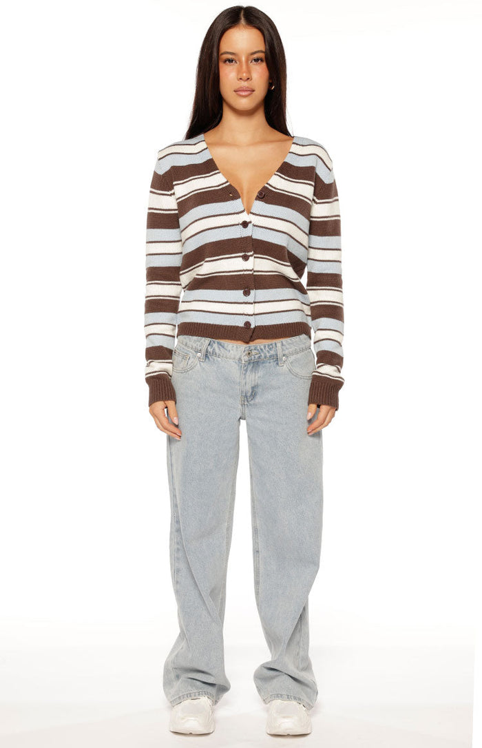 Front view of a brown, light blue, and white striped knit cardigan with a V-neck, button-down front, and cropped hem