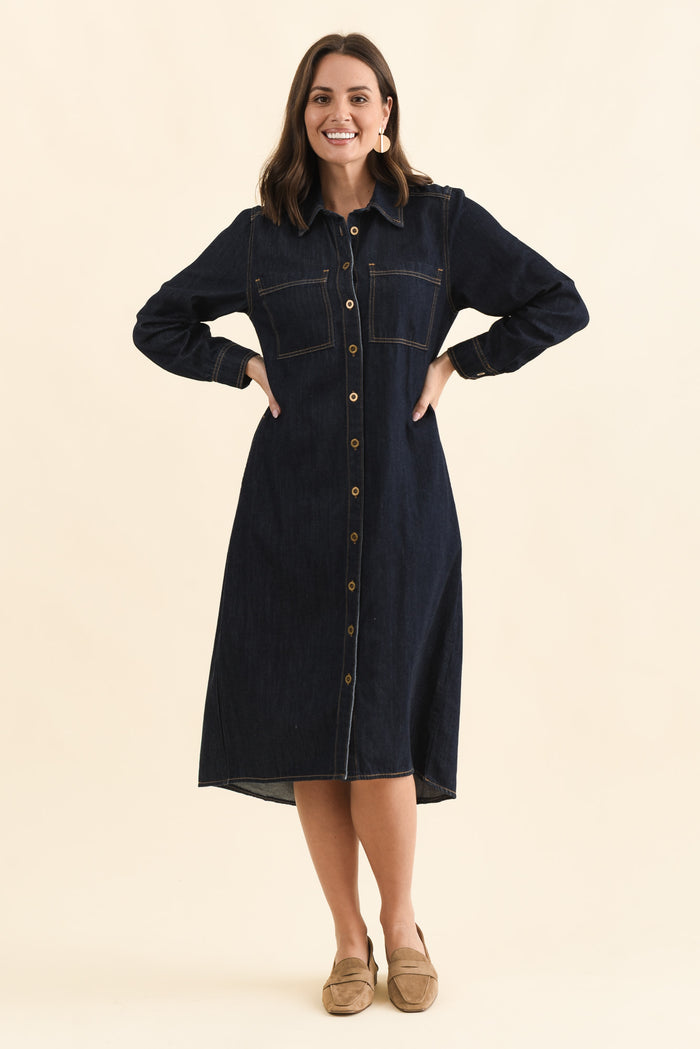 Montana Dark Blue Denim Shirt Dress,Full Body,Brunette model,alt text|model:MJ
