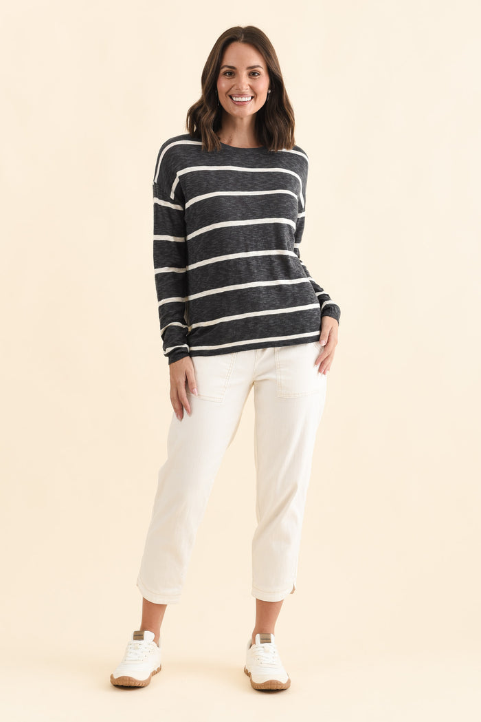 Natasha Charcoal Stripe Knit Top,Brunette model,alt text|model:MJ