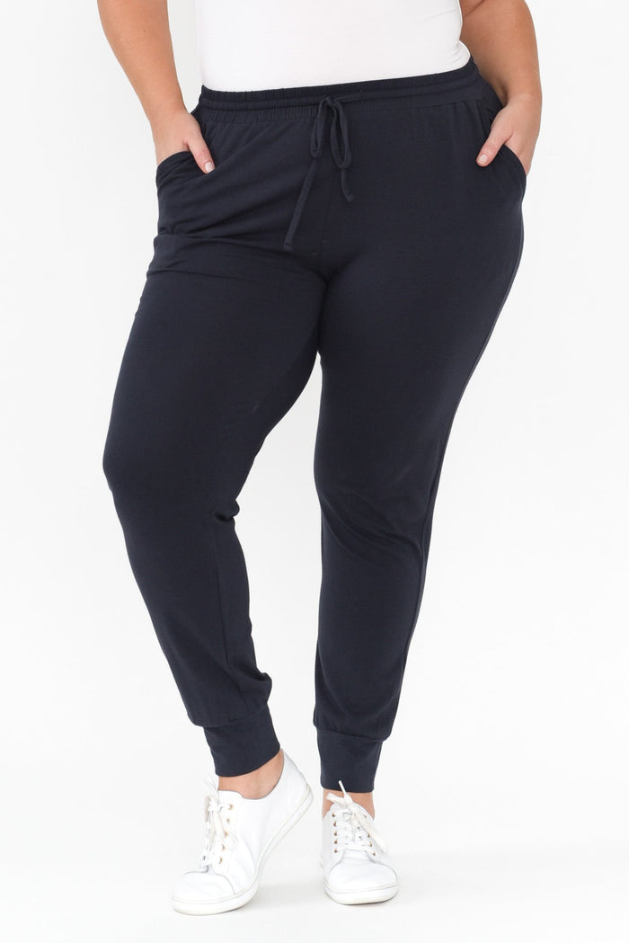 Navy Cotton Everyday Tie Sweatpants,Blonde model,plus-size,curve-basics,plus-size-Pants,plus-size-winter-clothing, alt text|model:Caitlin