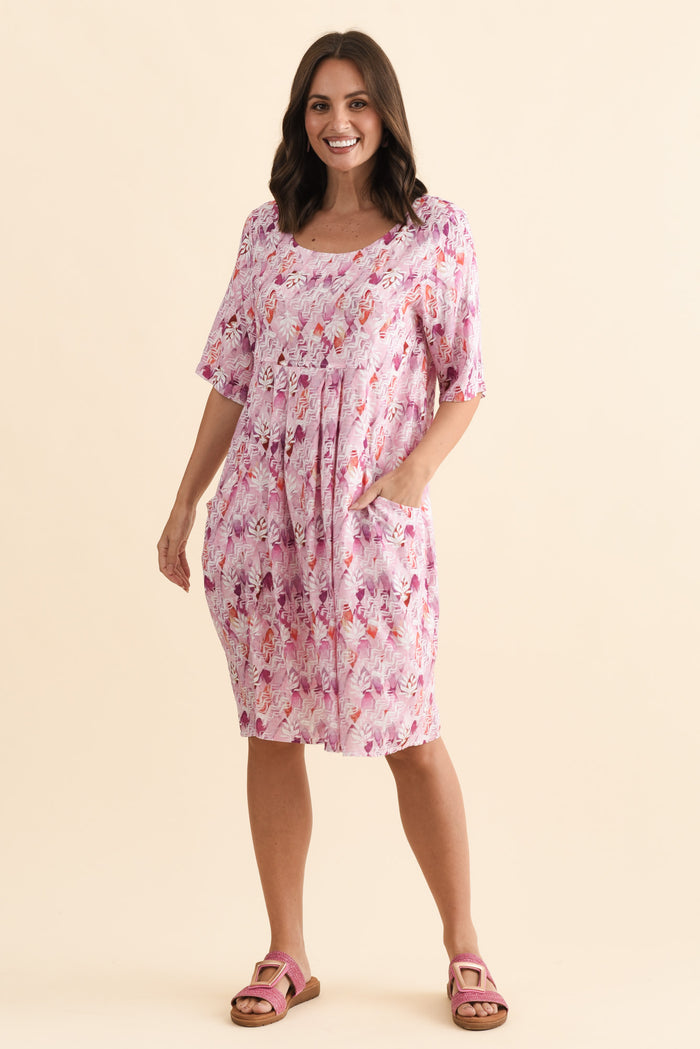 Nina Pink Abstract Pocket Dress,Brunette model,alt text|model:MJ