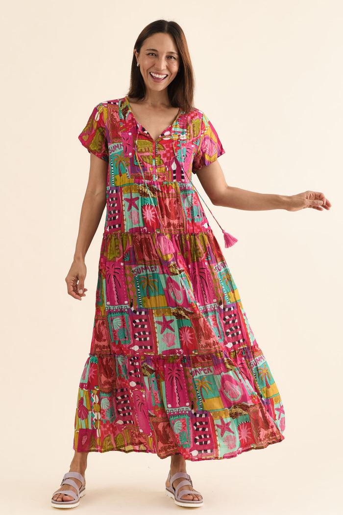 Nona Pink Tile Crinkle Cotton Maxi Dress,Full Body,Brunette model,alt text|model:Cara