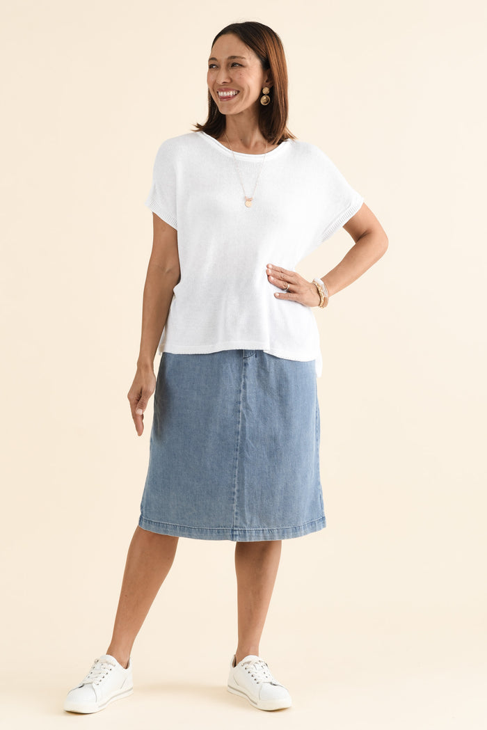 Quinn Blue Denim Drawstring Skirt,brunette model,Full Outfit,alt text|model:Cara
