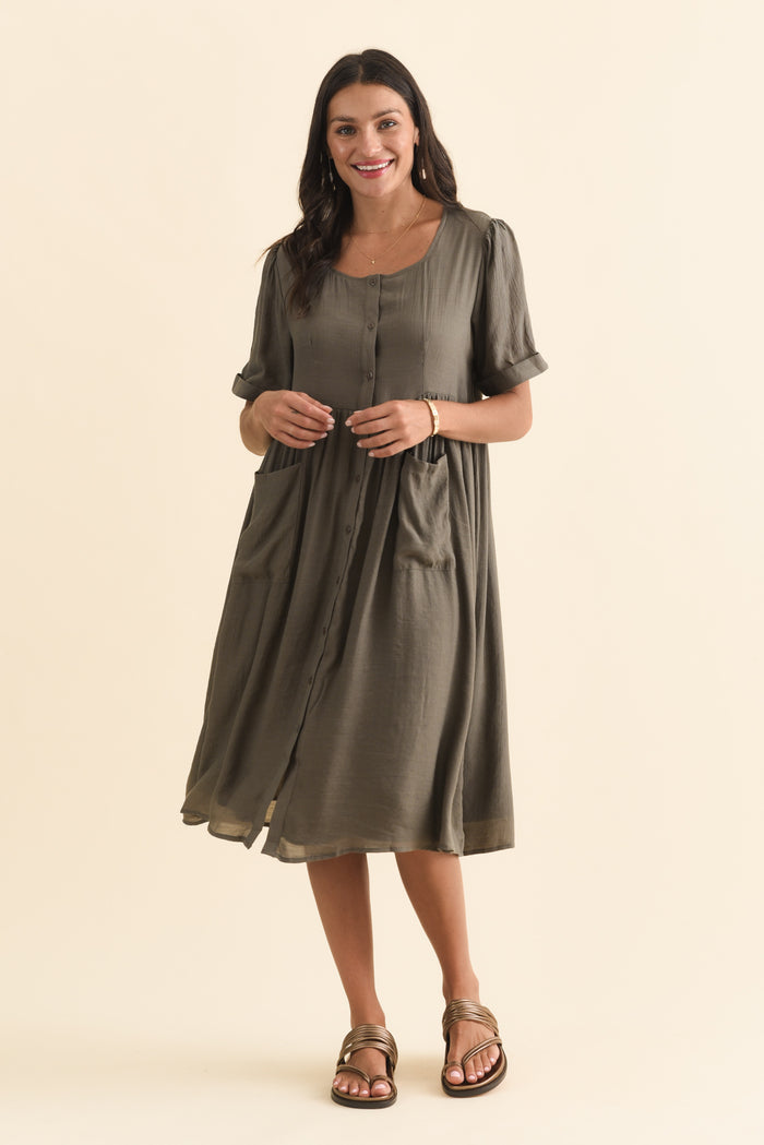 Rayna Khaki Button Dress,Brunette model,alt text|model:Brontie