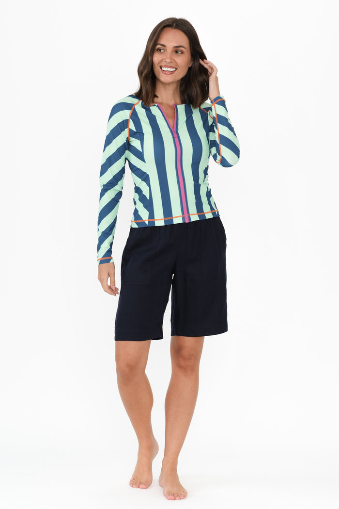 Rosa Blue Stripe Zip Rash Vest,Brunette model,alt text|model:MJ