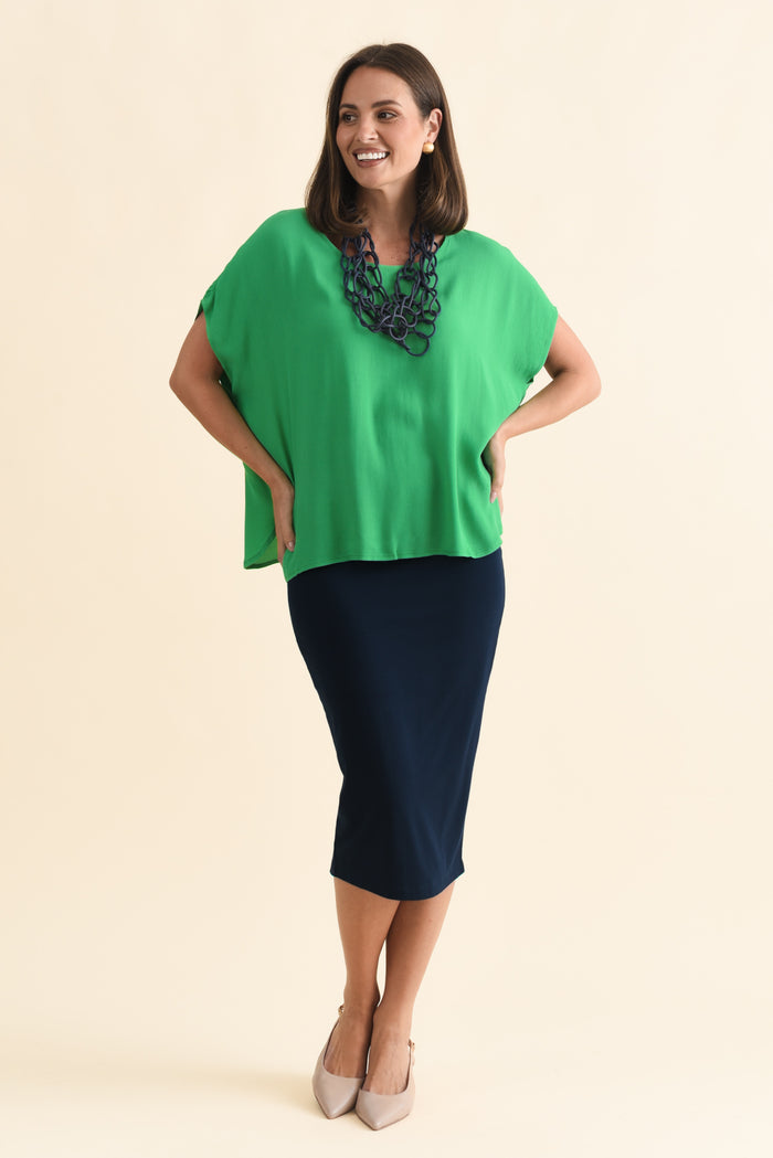 Sali Green Drape Top,Brunette model,alt text|model:MJ