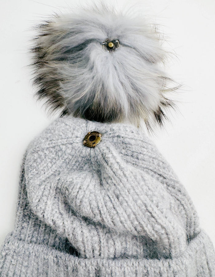Sequin Knit Beanie with Detachable Faux Fur Pom-Pom