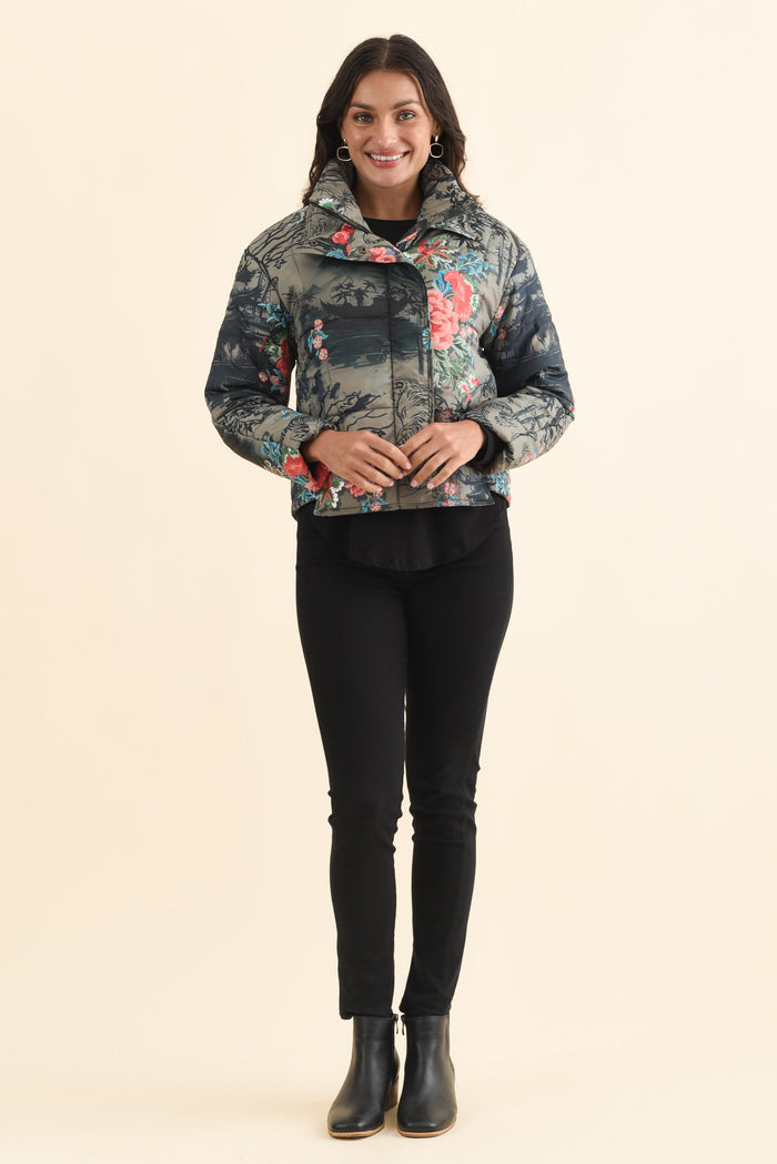 Simona Pink Flower Puffer Jacket,Brunette model,alt text|model:Brontie