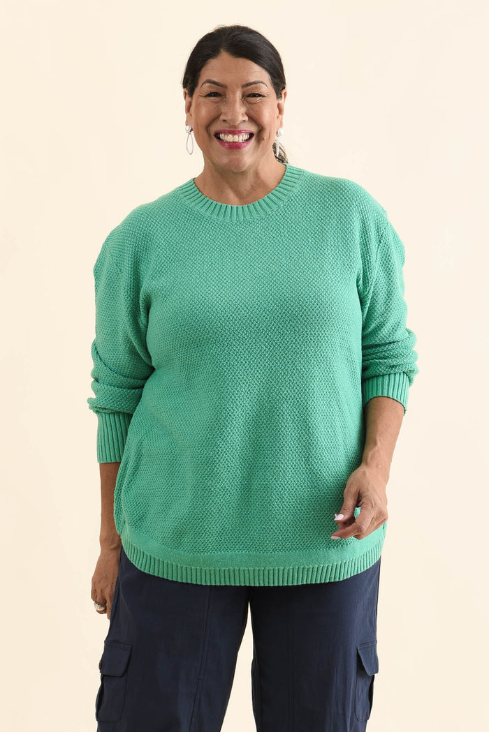 Skylar Green Cotton Blend Knit Jumper,Front,Brunette model,alt text|model:Pilita