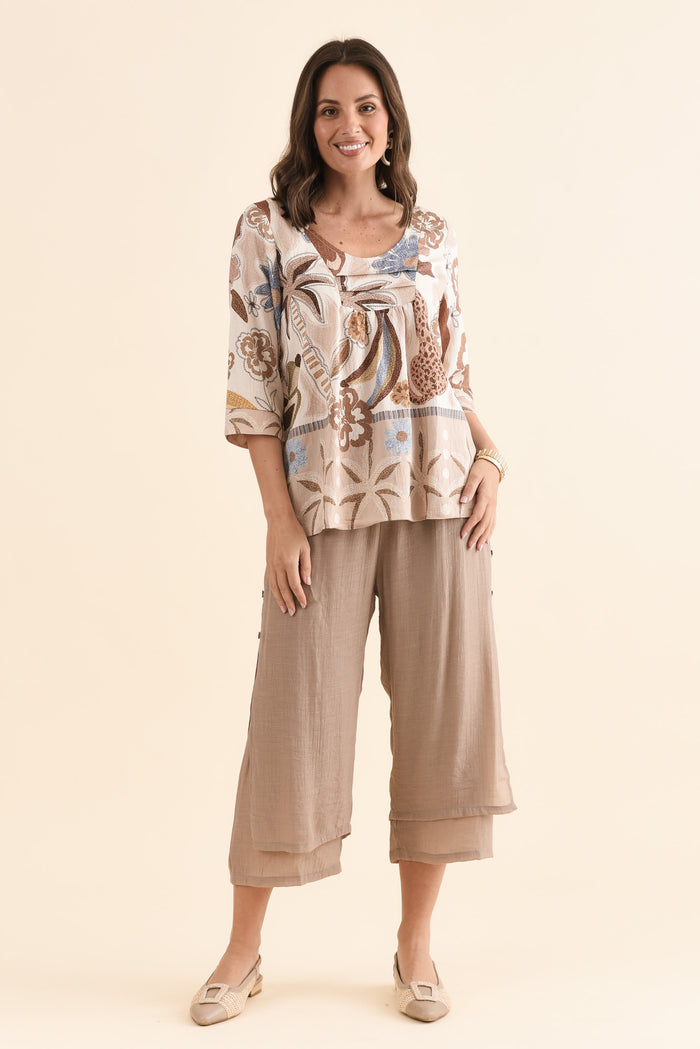 Solis Brown Jungle Cotton Blend Top,Full Body,Brunette model,alt text|model:MJ