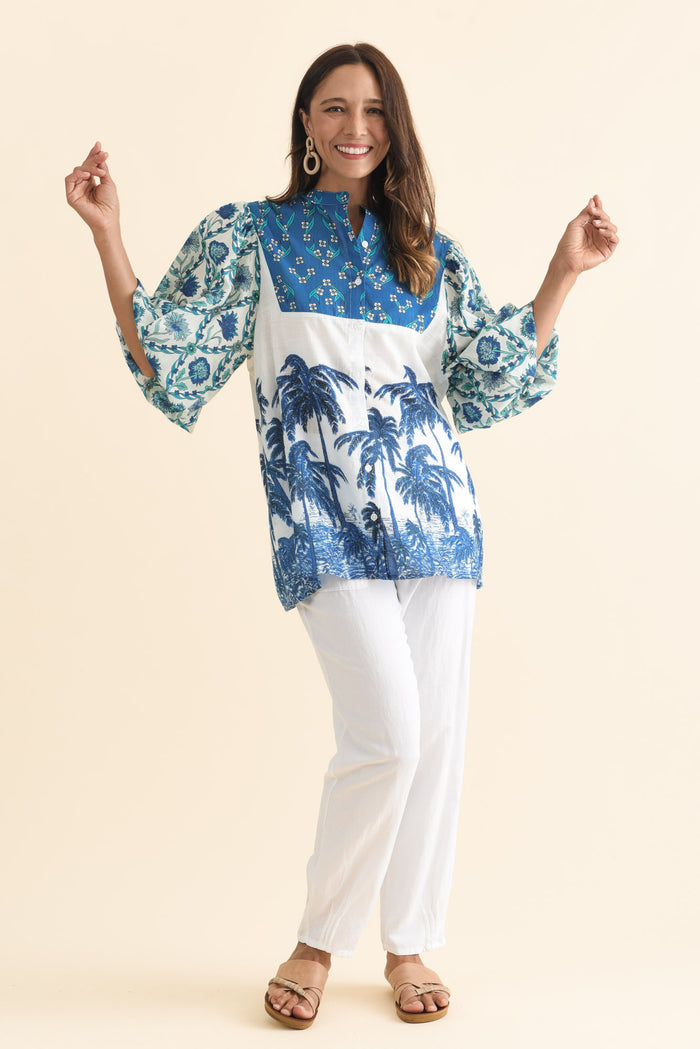 Stalone Blue Tropical Cotton Blouse,Brunette model,alt text|model:Cara
