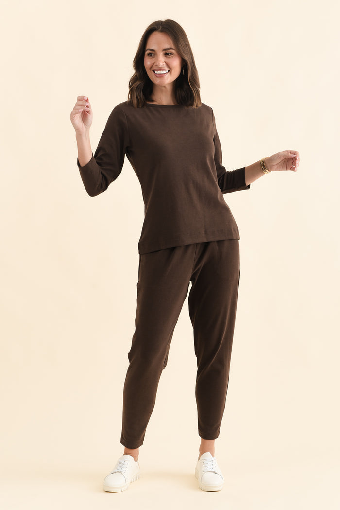SuedeLuxe Chocolate 3/4 Sleeve Top,Brunette model,alt text|model:MJ
