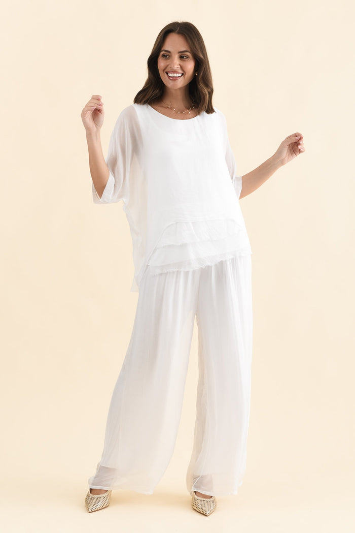 Talia White Silk Layer Top,Brunette model,alt text|model:MJ