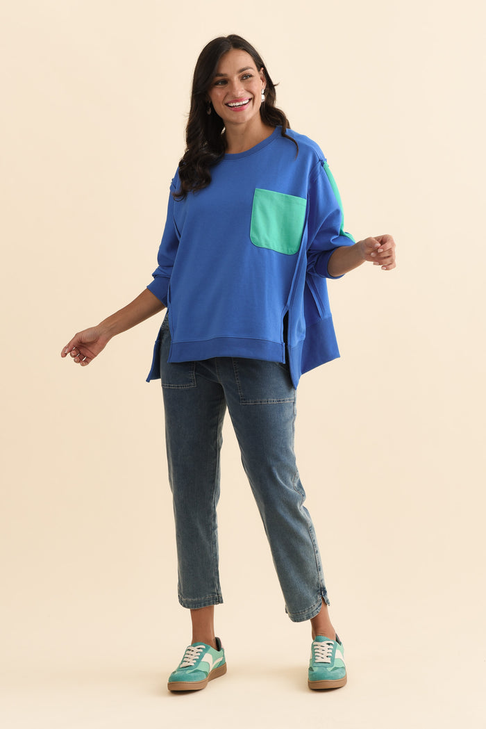 Tania Blue Contrast Cotton Sweatshirt,Brunette model,alt text|model:Brontie