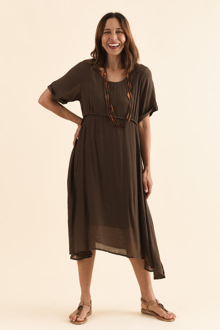 Toria Chocolate Crescent Dress,Full Body,Brunette model,alt text|model:Cara