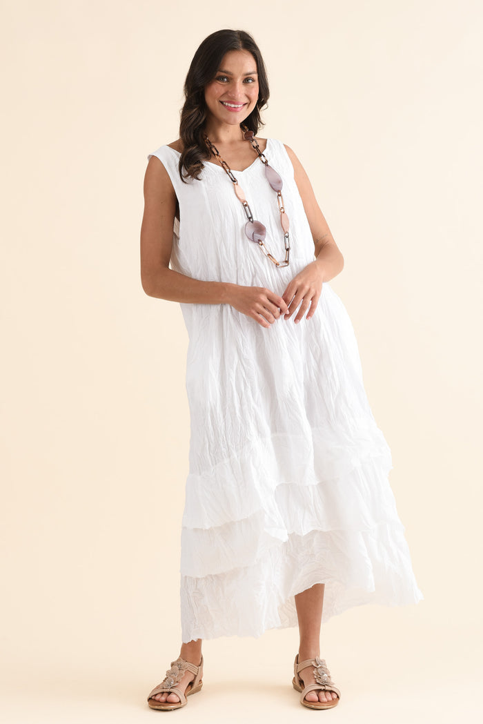 Toya White Crinkle Cotton Layer Dress,Full Body,Brunette model,alt text|model:Brontie