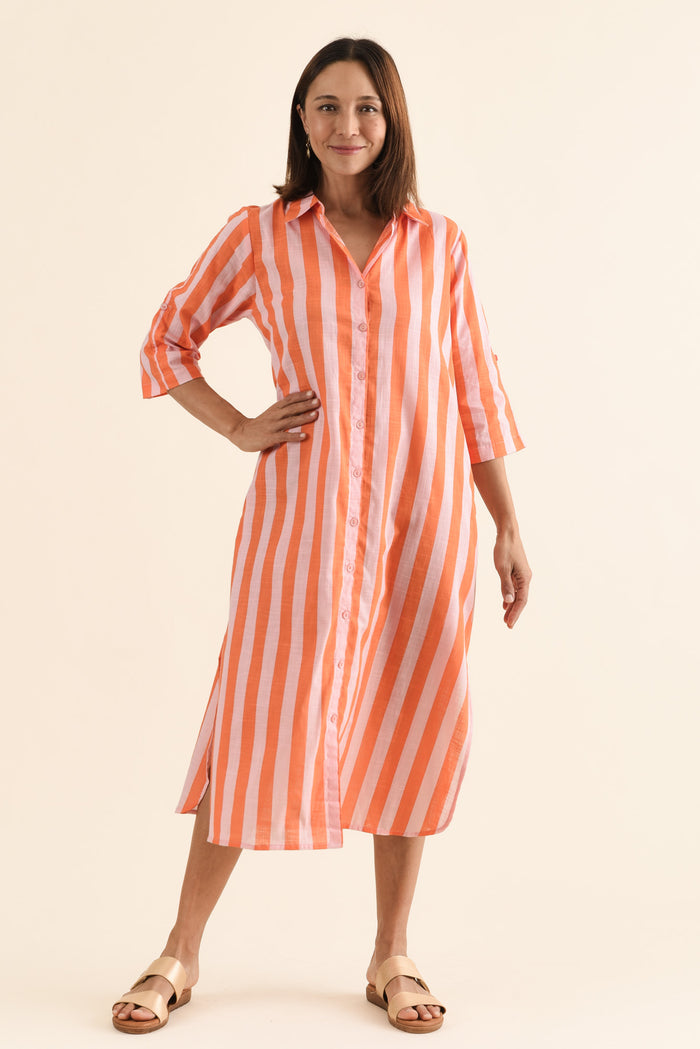Tricia Orange Stripe Cotton Shirt Dress,Full Body,Brunette model,alt text|model:Cara