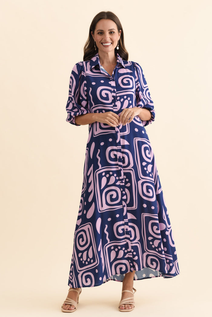 Trinity Navy Abstract Tie Dress,Brunette model,alt text|model:MJ