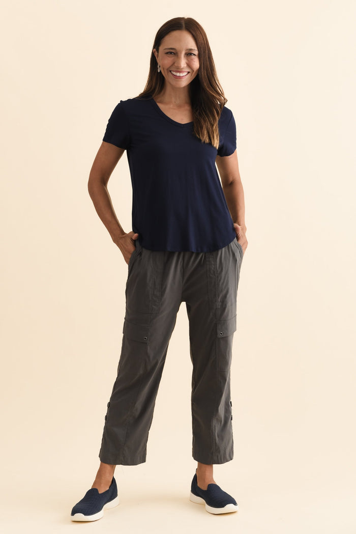 Veronica Navy Bamboo Tee,Brunette model,alt text|model:Cara