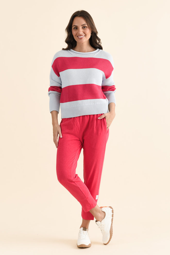 Vesi Red Stripe Cotton Knit Jumper,brunette model,Full Outfit,alt text|model:MJ