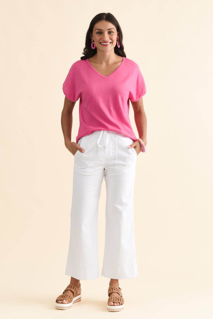 Via Hot Pink Cotton V Neck Knit Top,Brunette model,alt text|model:Brontie