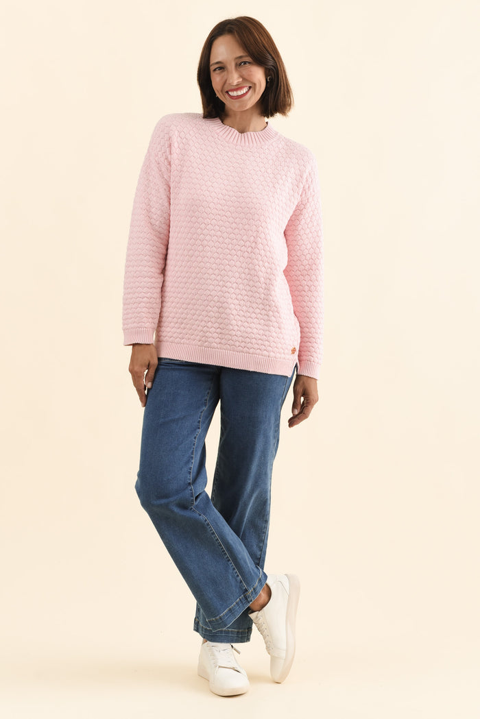 Yanny Blush Organic Cotton Knit Jumper,Brunette model,alt text|model:Cara