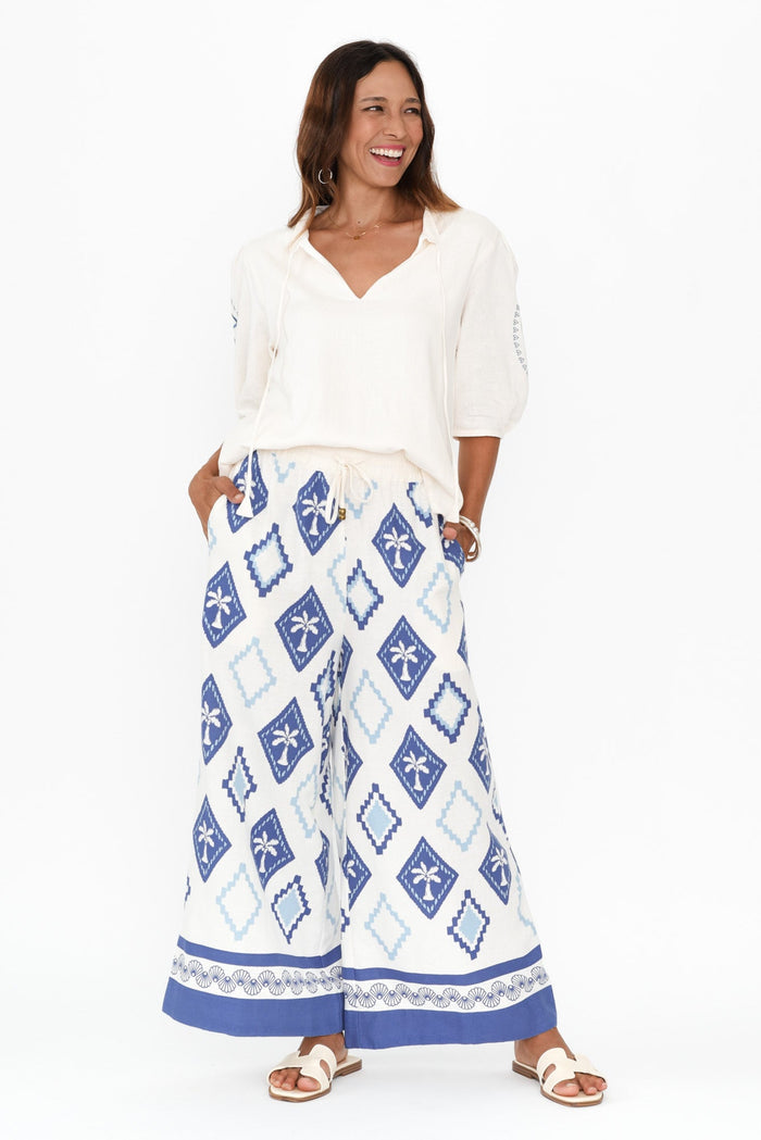 Yara Blue Palm Linen Pants,Brunette model,alt text|model:Cara