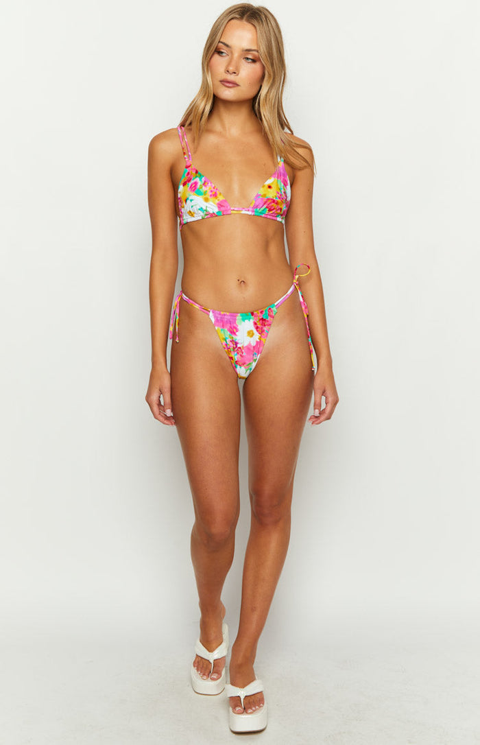 High-cut pink and green floral print bikini bottoms with adjustable side tie strings