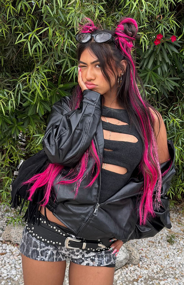 Beginning Boutique Abbi PU Black Bomber Jacket black PU oversized bomber jacket with zip front and fringe detail