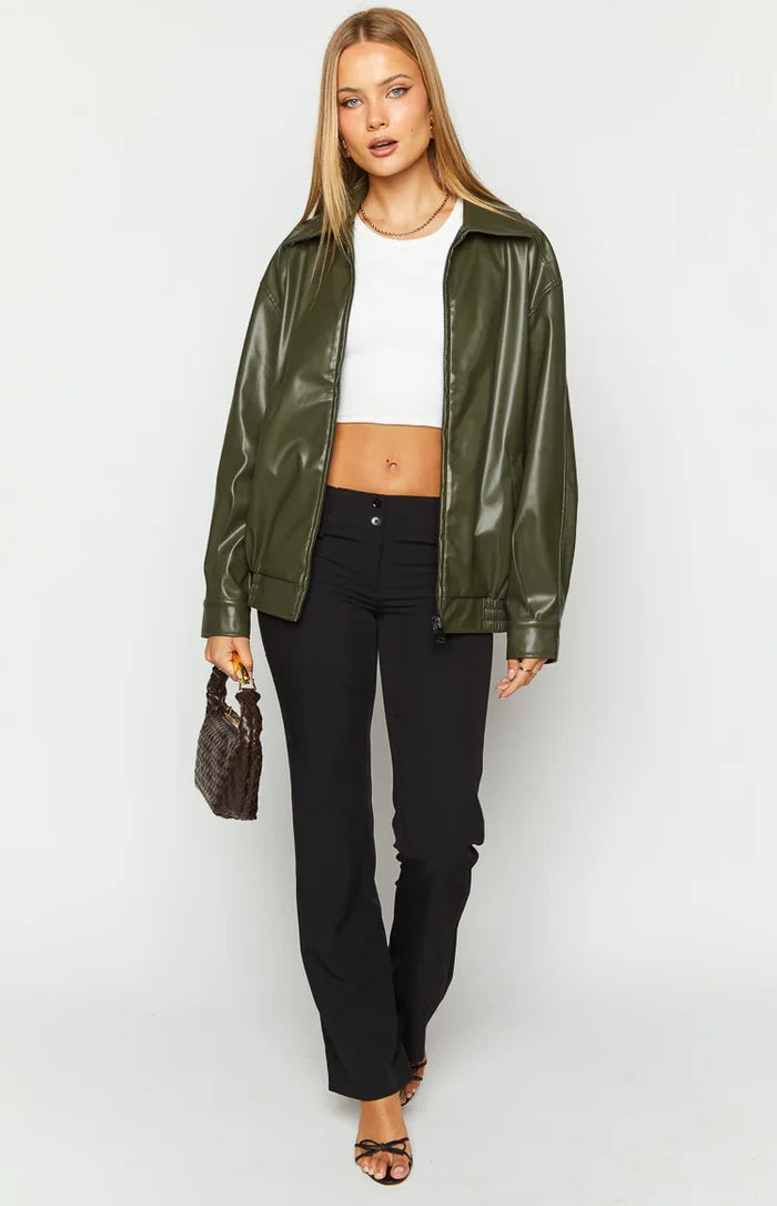 Abbi PU Olive Bomber Jacket