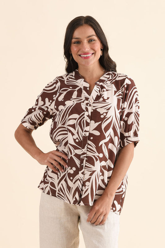 Abel Chocolate Palm Button Top,Front,Brunette model,alt text|model:Brontie