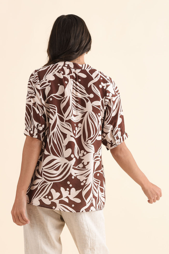 Abel Chocolate Palm Button Top,Back,Brunette model,alt text|model:Brontie
