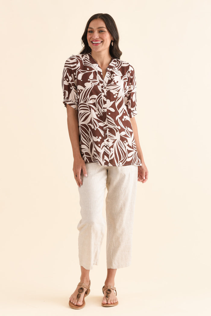 Abel Chocolate Palm Button Top,Full Body,Brunette model,alt text|model:Brontie