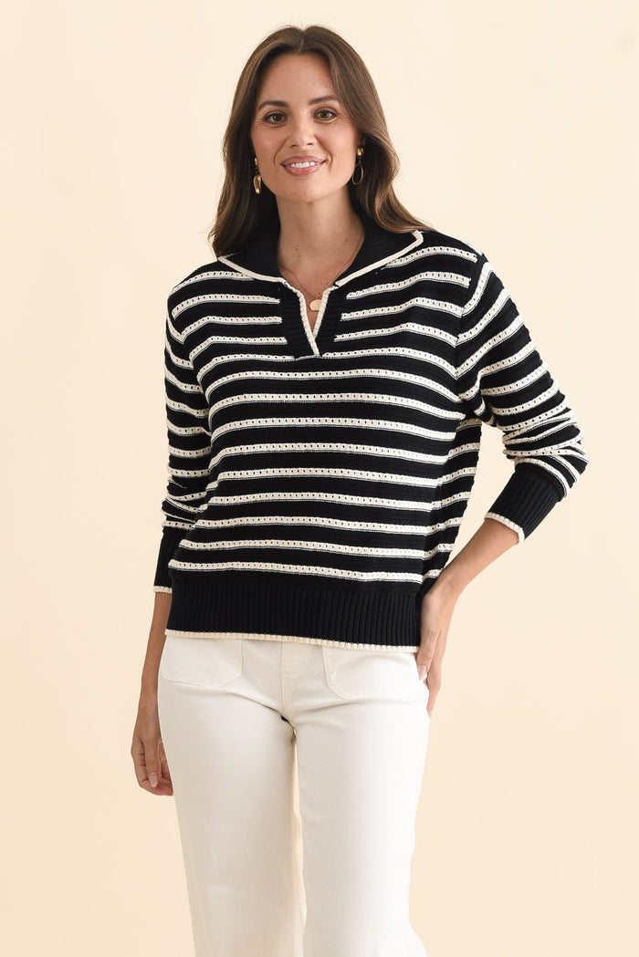 Aberdeen Navy Stripe Cotton Knit Jumper,Brunette model,alt text|model:MJ