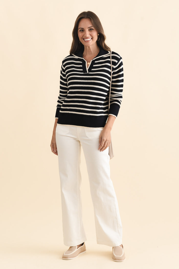Aberdeen Navy Stripe Cotton Knit Jumper,Brunette model,alt text|model:MJ