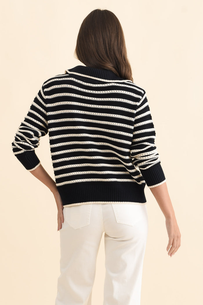 Aberdeen Navy Stripe Cotton Knit Jumper,Brunette model,alt text|model:MJ