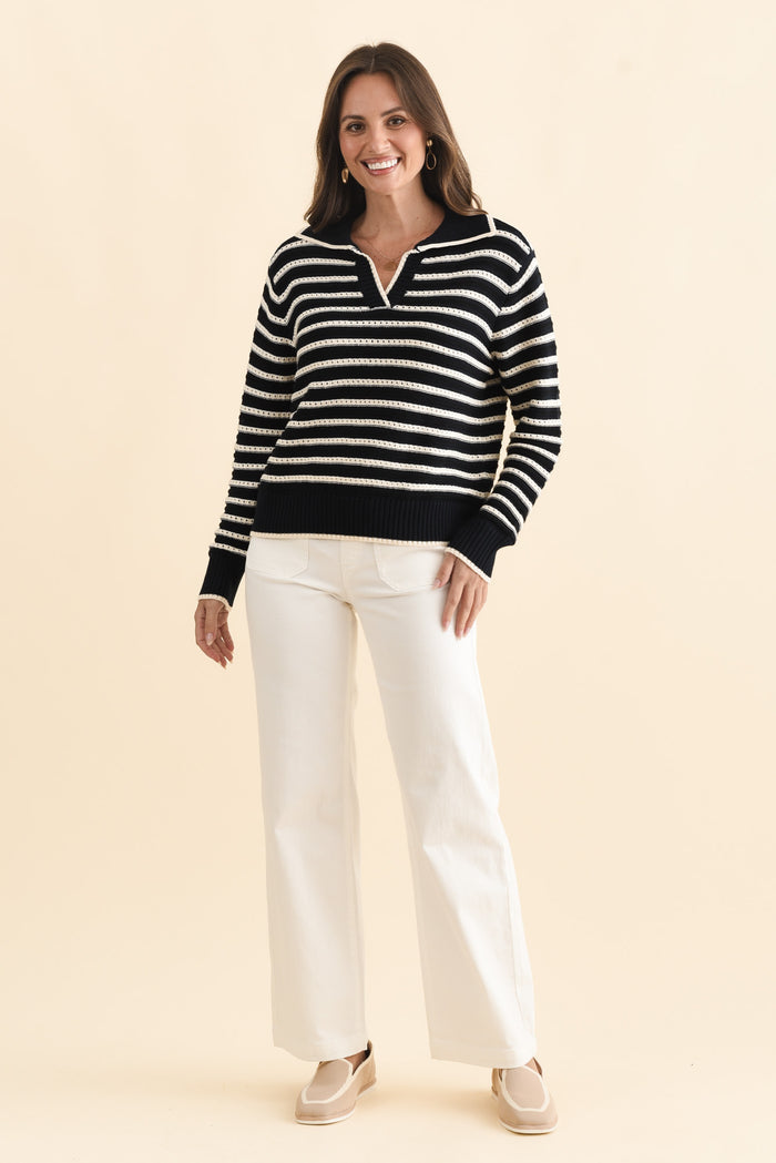 Aberdeen Navy Stripe Cotton Knit Jumper,Brunette model,alt text|model:MJ