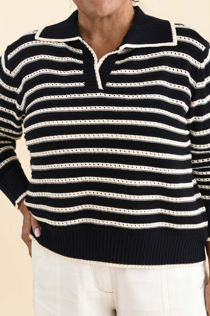 Aberdeen Navy Stripe Cotton Knit Jumper,Brunette model,alt text|model:Pilita