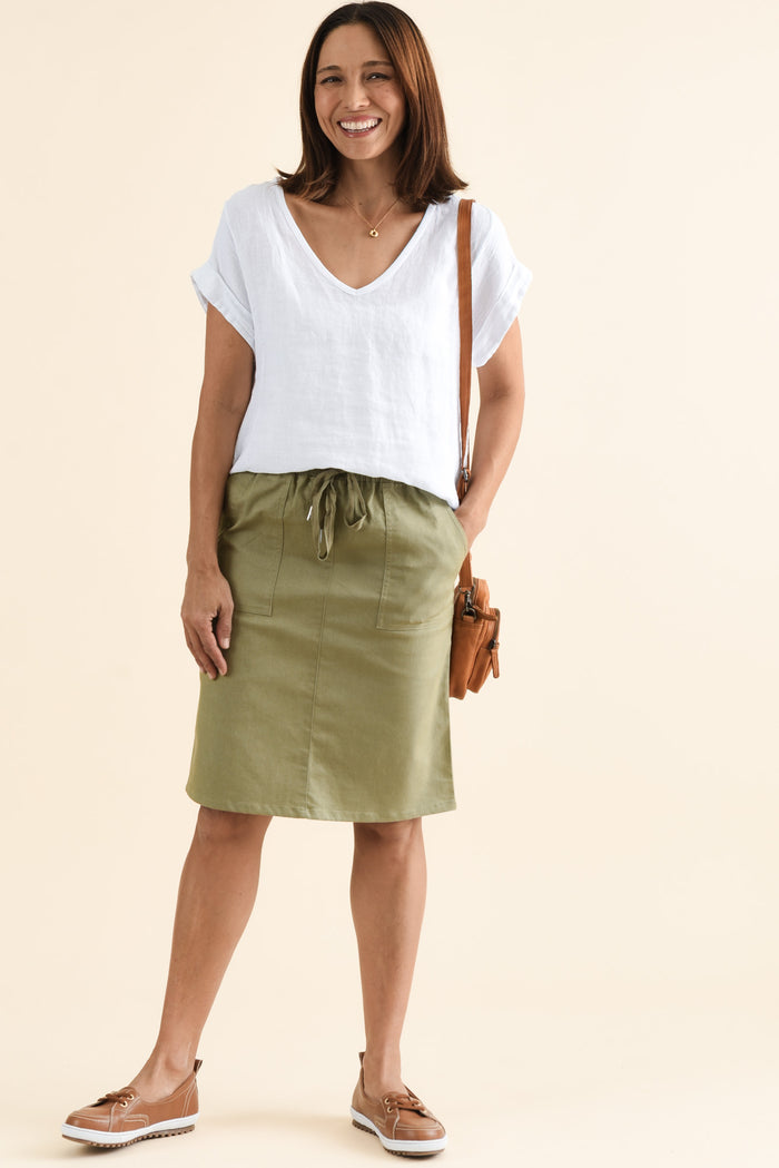 Abigail Khaki Drawstring Skirt,brunette model,Full Outfit,alt text|model:Cara