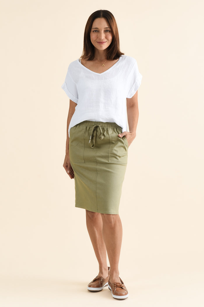 Abigail Khaki Drawstring Skirt,brunette model,Full Outfit,alt text|model:Cara