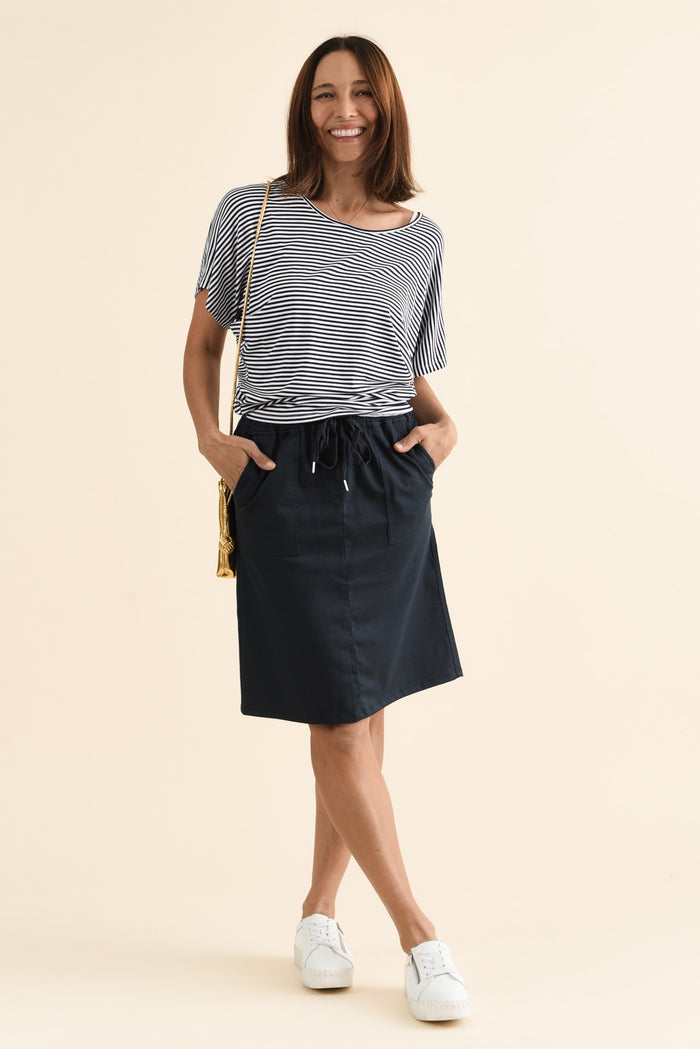 Abigail Navy Drawstring Skirt,brunette model,Full Outfit,alt text|model:Cara