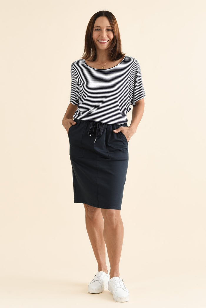 Abigail Navy Drawstring Skirt,brunette model,Full Outfit,alt text|model:Cara