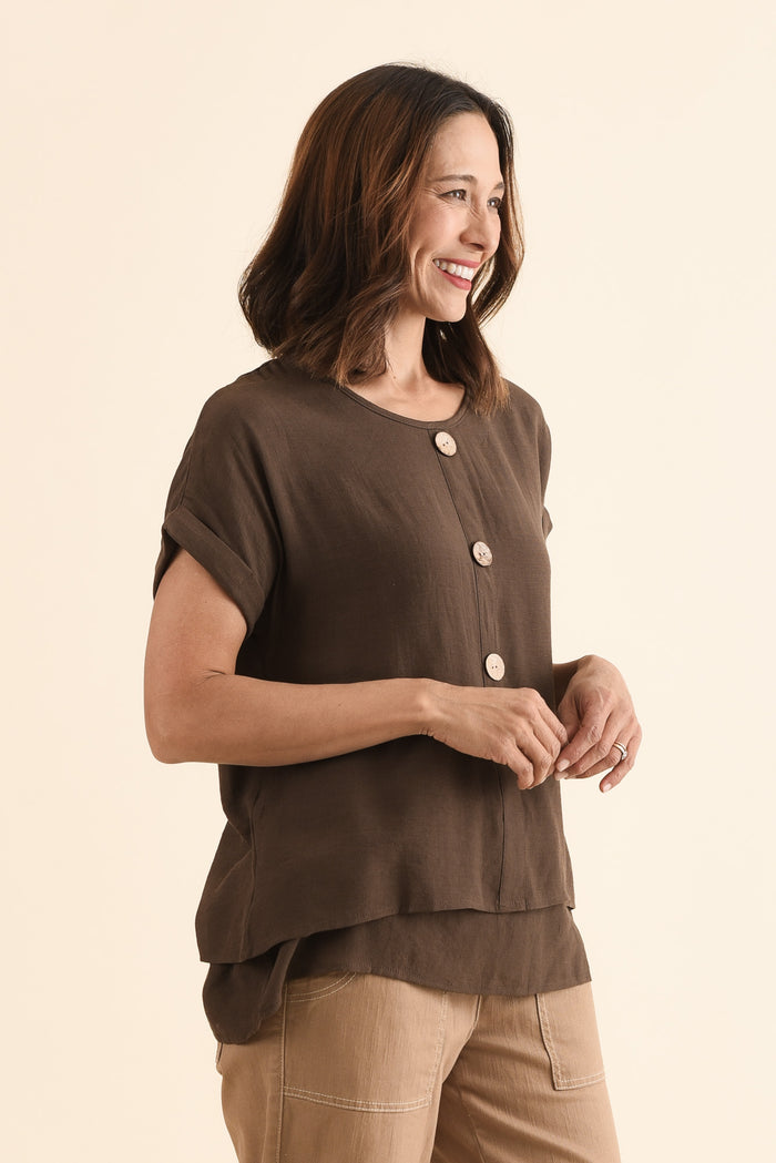 Abilene Chocolate Button Top,Side,Brunette model,alt text|model:Cara