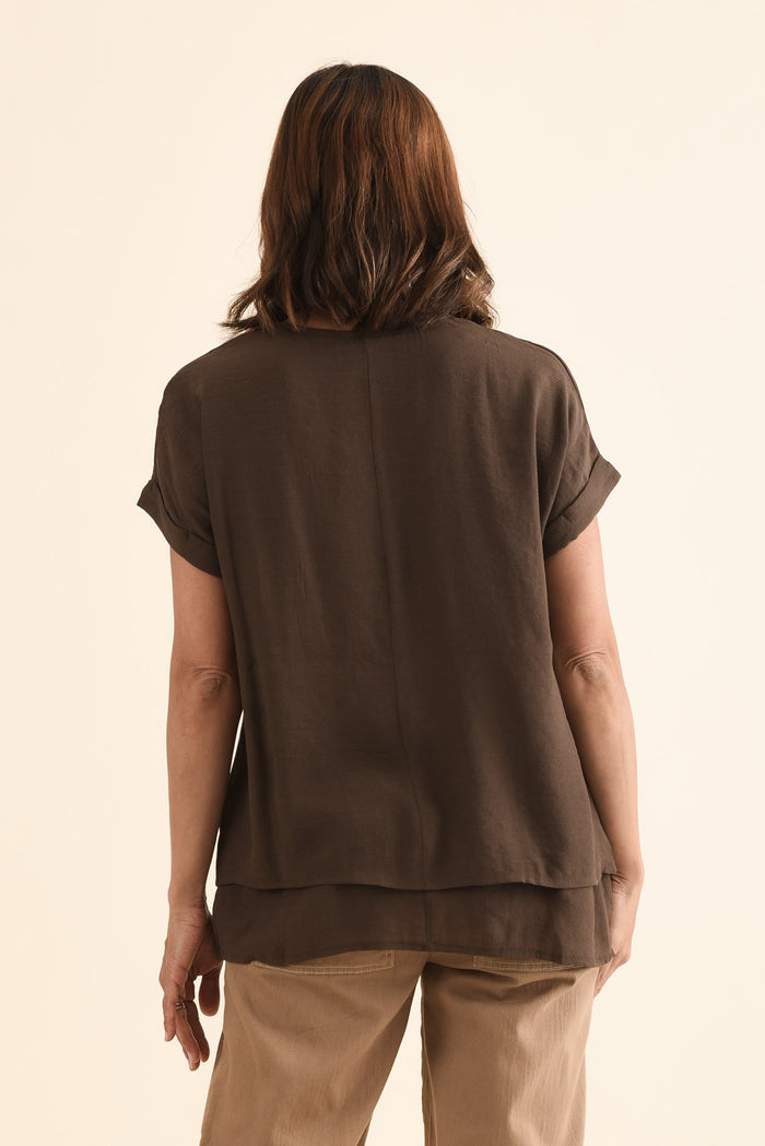 Abilene Chocolate Button Top,Back,Brunette model,alt text|model:Cara