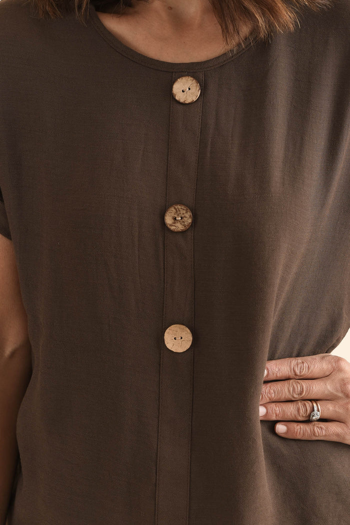 Abilene Chocolate Button Top,Detail,Brunette model,alt text|model:Cara