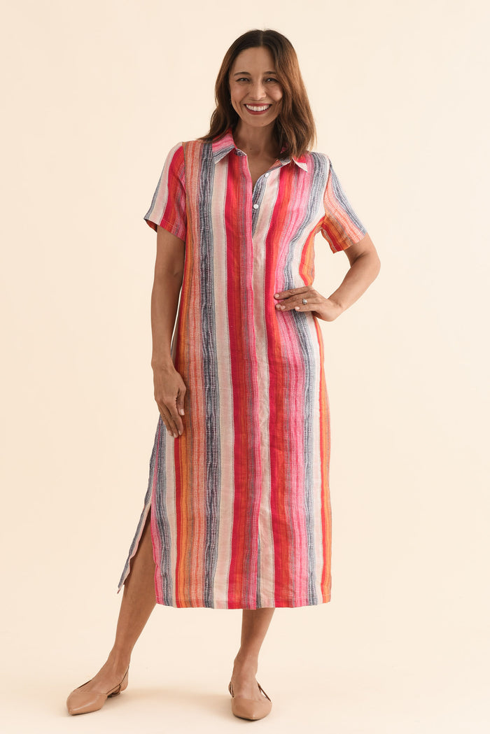 Abraham Red Stripe Linen Shirt Dress,Front,Brunette model,alt text|model:Cara